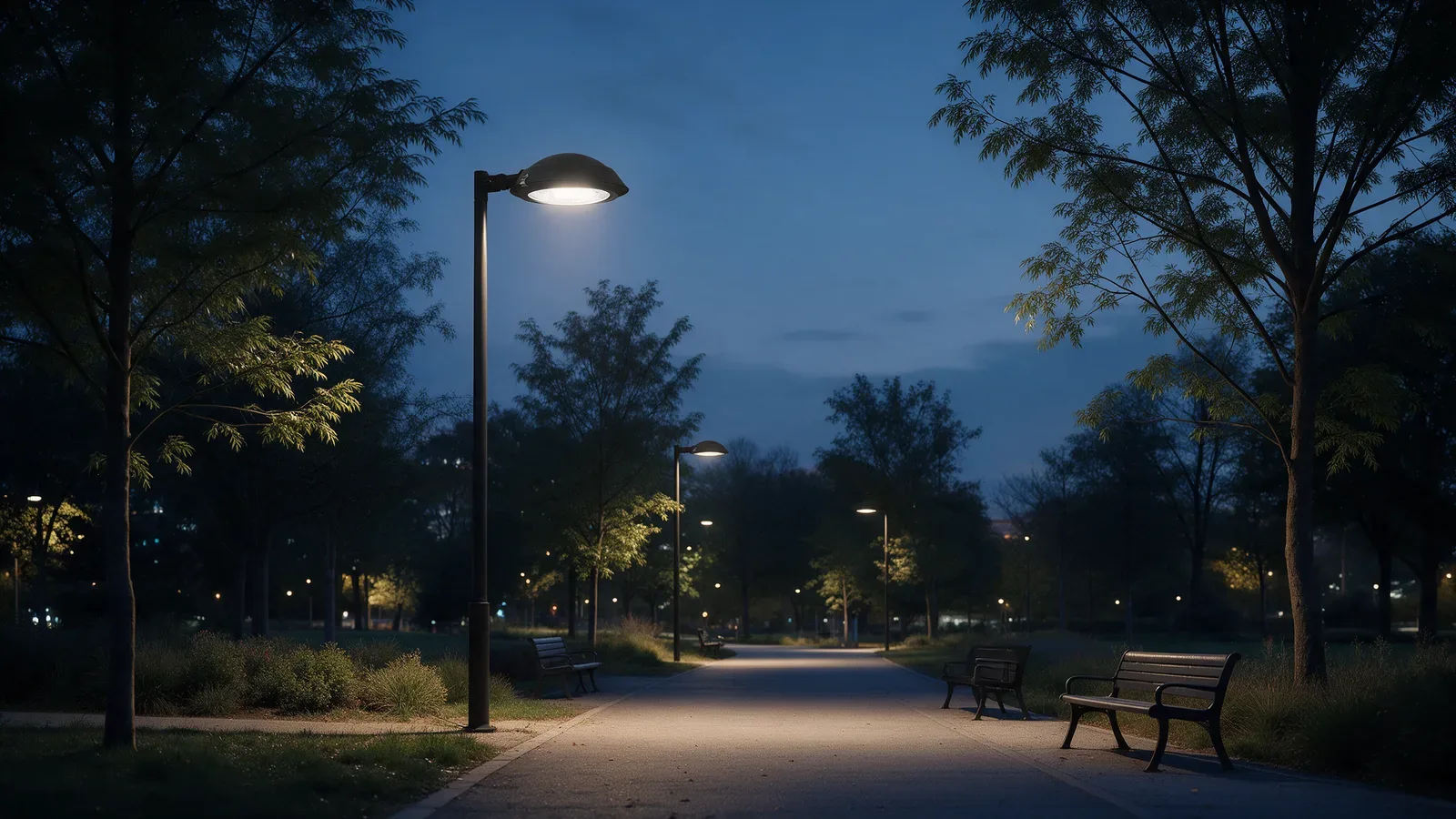 Chemin d’un parc public à l’heure bleue, avec luminaires noirs à tête aplatie, arbres et bancs.