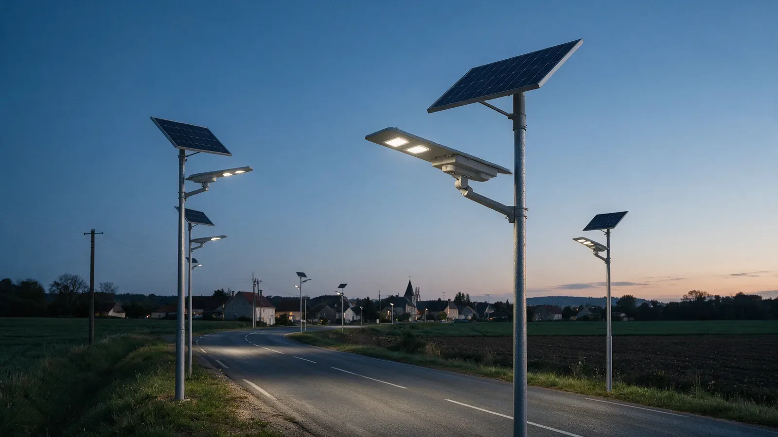 Route rurale à l’heure bleue, bordée de champs, éclairée par des mâts portant un panneau solaire compact au-dessus d’un luminaire routier.